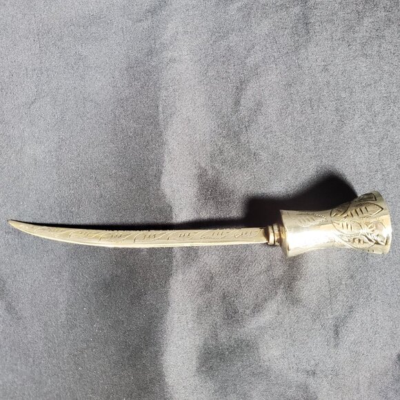 Vintage Hand-Engraved Brass Letter Opener • Curved Blade Leaf Pattern Desk Decor - Picture 11 of 13